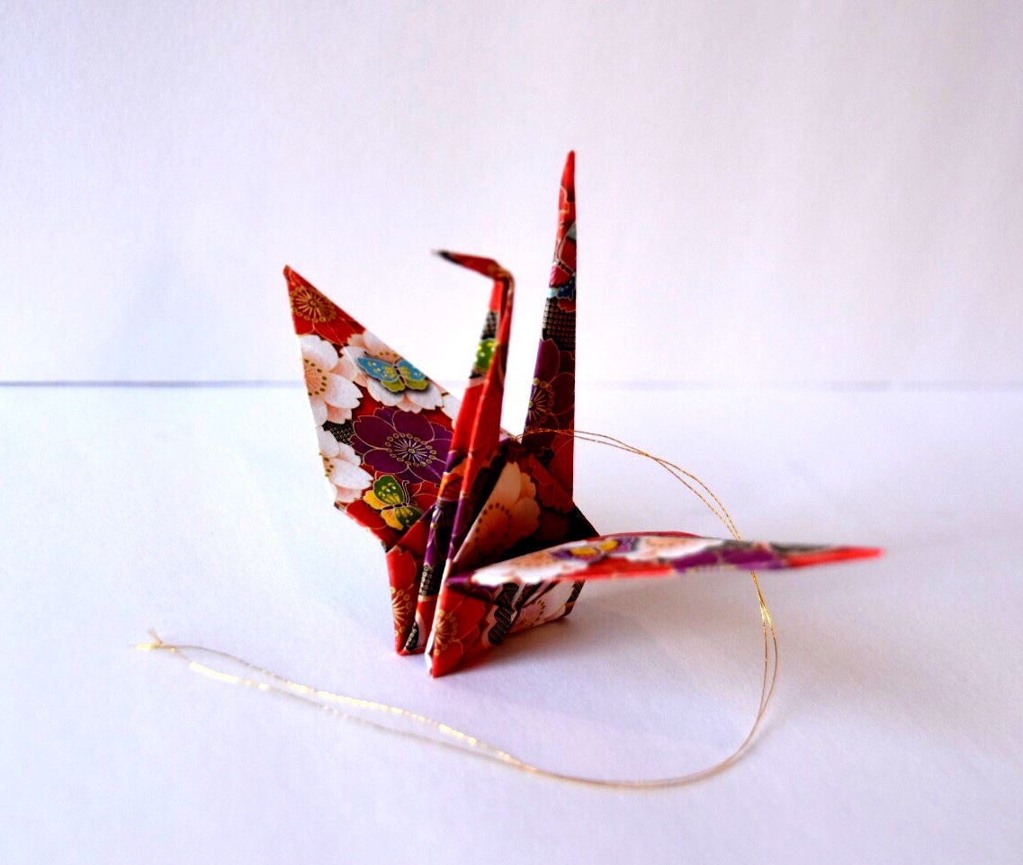 Christmas Card with Hand Brushed Japanese Shodo Calligraphy Art with Paper Crane Ornament - Peace, Love, Happiness, Joy and Felicitation