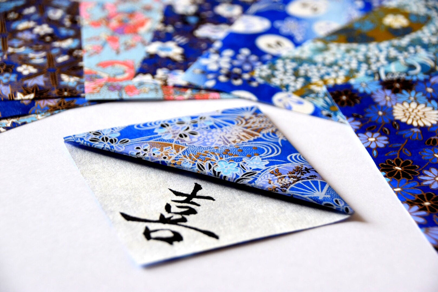 Set of 4 or Individual Unique Japanese Origami Bookmarks with Shodo Calligraphy Art Book lovers Martial Arts Wabi Sabi Washi Paper