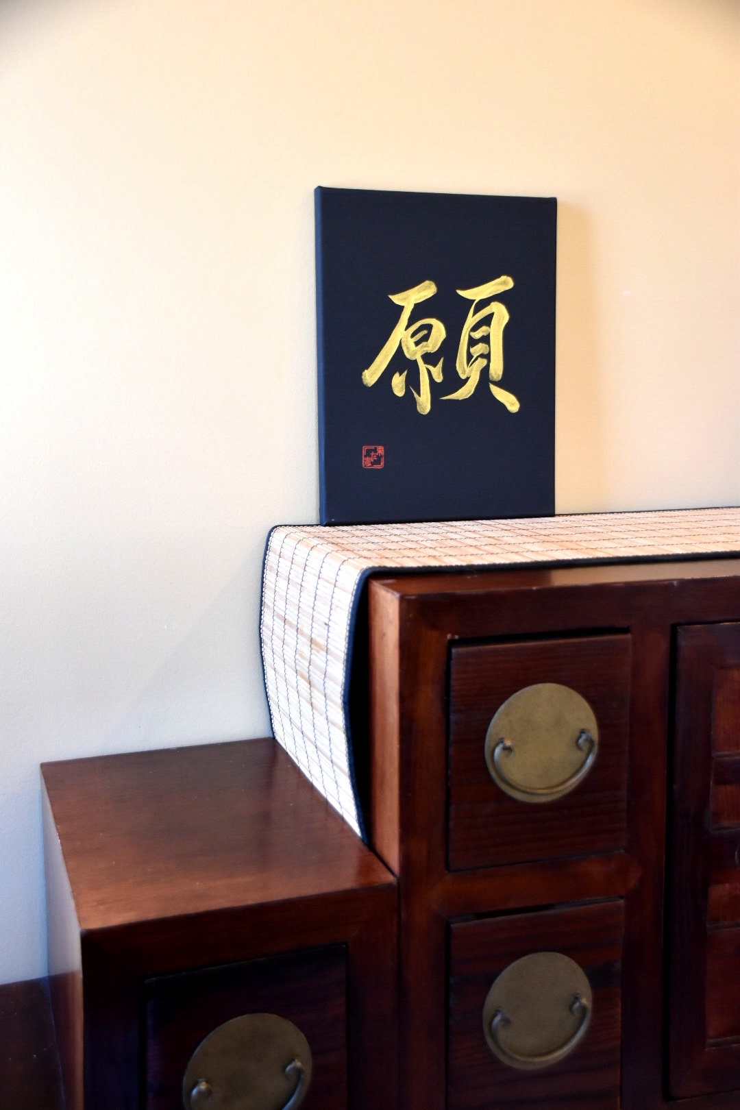 Japanese Shodo Calligraphy Art on Black Canvas 願 "Wish" Gold Sumi Ink Kanji Zen Mindfulness Decor Christmas Wedding Birthday Gift
