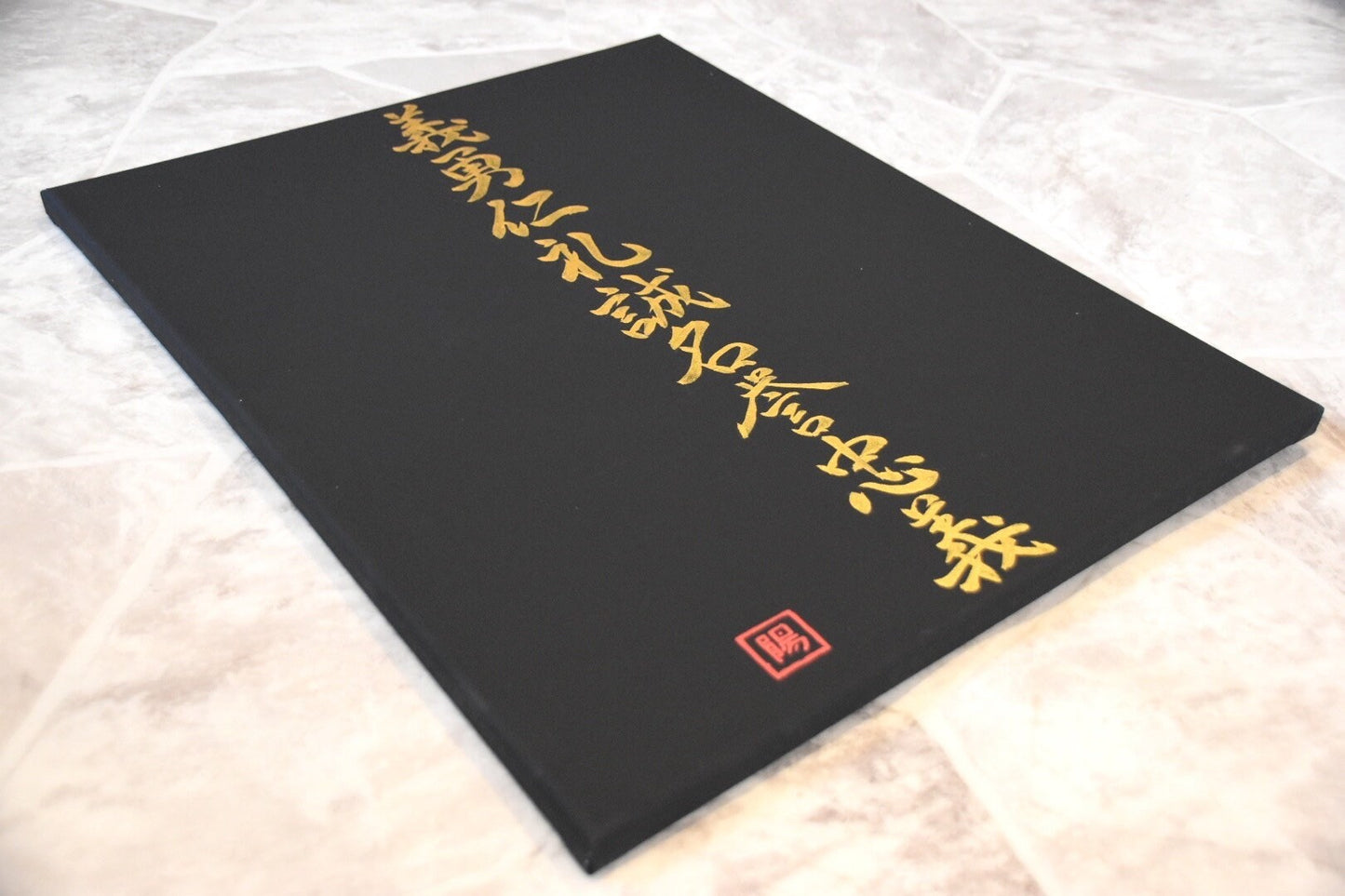 Japanese Shodo Calligraphy Art Black Canvas "7 Virtues of Bushido" Hand Painted Gold Samurai Martial Arts Dojo Decor Gift For Sense Kanji