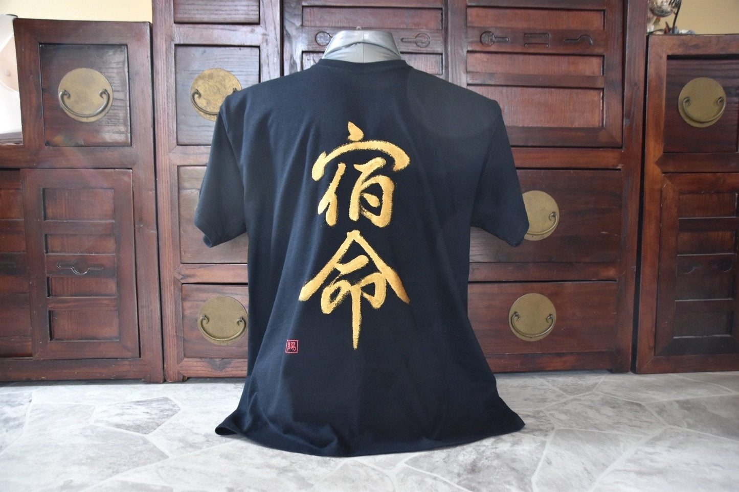 Hand Painted by FX's SHOGUN Calligraphy Artist Cotton T-shirt SHUKUMEI Fate Men's Large One-of-a-kind Samurai Bushido Japan Kanji Destiny