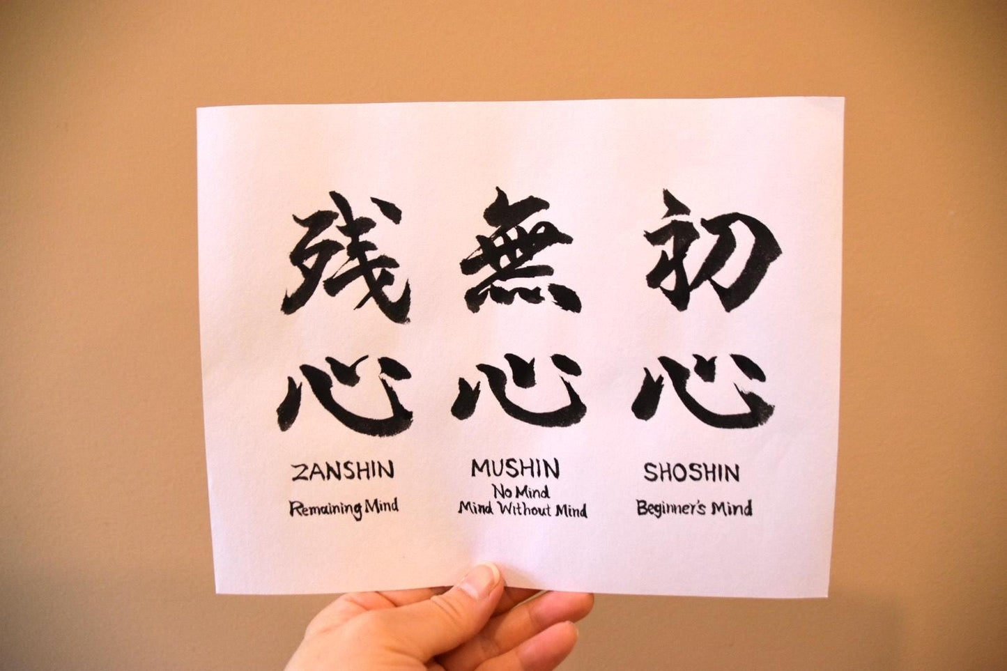 Hand-painted Japanese Calligraphy Art Budo Mindsets Shoshin Mushin Zanshin Martial Art Dojo Beginner's Mind No Mind Remaining Mind